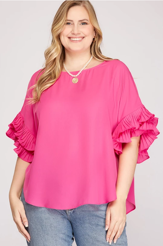 Plus LENNON- Pink pleated ruffle sleeve top