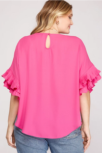 Plus LENNON- Pink pleated ruffle sleeve top