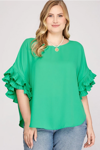 Plus LENNON-green pleated ruffle sleeve top