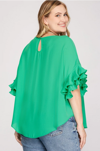 Plus LENNON-green pleated ruffle sleeve top