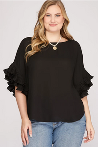 Plus LENNON-Black pleated ruffle sleeve top