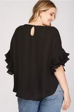 Load image into Gallery viewer, Plus LENNON-Black pleated ruffle sleeve top
