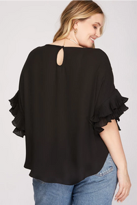 Plus LENNON-Black pleated ruffle sleeve top