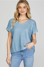 Load image into Gallery viewer, NORA- Blue metallic coated short sleeve sweater top
