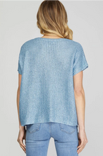 Load image into Gallery viewer, NORA- Blue metallic coated short sleeve sweater top
