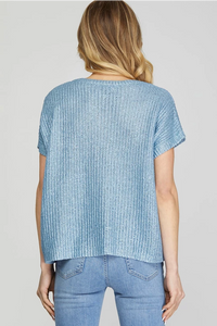 NORA- Blue metallic coated short sleeve sweater top