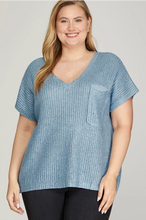 Load image into Gallery viewer, Plus NORA- Oversized blue metallic coated short sleeve sweater top
