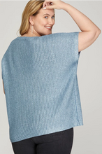 Load image into Gallery viewer, Plus NORA- Oversized blue metallic coated short sleeve sweater top
