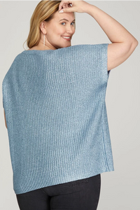 Plus NORA- Oversized blue metallic coated short sleeve sweater top