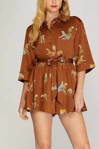 BRIE- Toffee leopard print silk lined romper