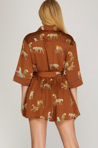 BRIE- Toffee leopard print silk lined romper