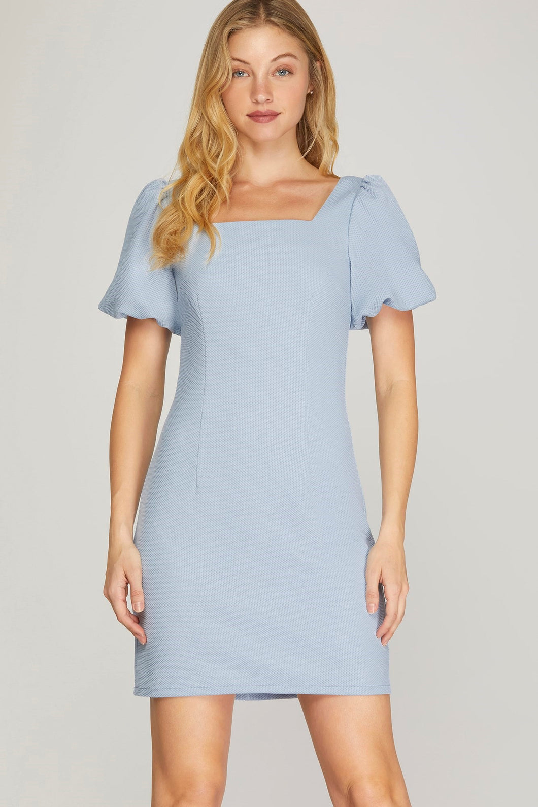 SUNNY- Powder Blue textured bubble sleeve dress