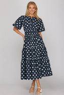 Navy elastic waist polka dot dress