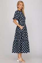 Load image into Gallery viewer, Navy elastic waist polka dot dress
