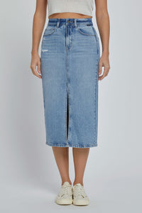 CELLO- Medium wash midi length front slit denim skirt