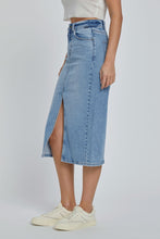 Load image into Gallery viewer, CELLO- Medium wash midi length front slit denim skirt
