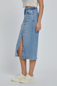 CELLO- Medium wash midi length front slit denim skirt