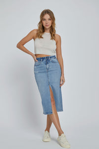 CELLO- Medium wash midi length front slit denim skirt