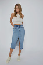 Load image into Gallery viewer, CELLO- Medium wash midi length front slit denim skirt
