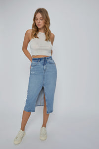 CELLO- Medium wash midi length front slit denim skirt