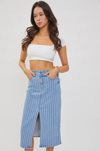 CELLO- High Waist striped midi length front slit denim skirt