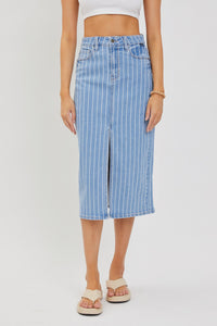 CELLO- High Waist striped midi length front slit denim skirt