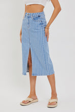 Load image into Gallery viewer, CELLO- High Waist striped midi length front slit denim skirt
