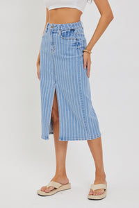 CELLO- High Waist striped midi length front slit denim skirt