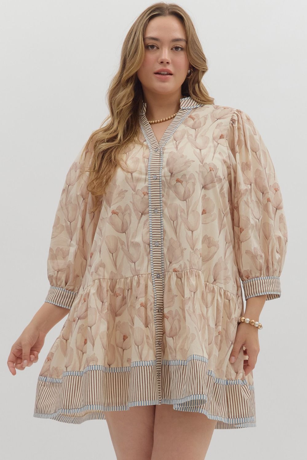 Plus FLORAL PATH-Ecru muted floral print ruffle hem dress