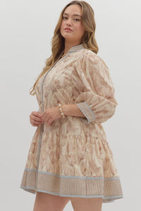 Plus FLORAL PATH-Ecru muted floral print ruffle hem dress