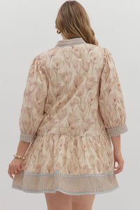 Plus FLORAL PATH-Ecru muted floral print ruffle hem dress
