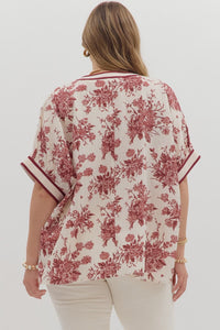 Plus Azaya- Burgundy botanical print oversized dolman sleeve top