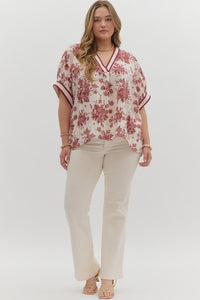 Plus Azaya- Burgundy botanical print oversized dolman sleeve top