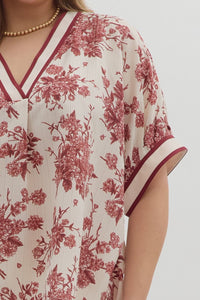 Plus Azaya- Burgundy botanical print oversized dolman sleeve top
