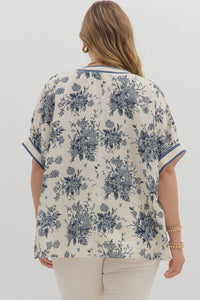 Plus Azaya- Blue botanical print oversized dolman sleeve top