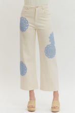 Load image into Gallery viewer, Cream wide leg jeans with crochet applique contrast details
