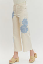 Load image into Gallery viewer, Cream wide leg jeans with crochet applique contrast details
