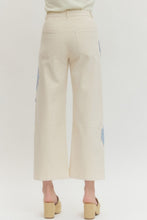 Load image into Gallery viewer, Cream wide leg jeans with crochet applique contrast details
