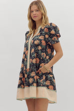 Load image into Gallery viewer, Floral garden- Floral print short puff sleeve striped hem dress
