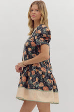 Load image into Gallery viewer, Floral garden- Floral print short puff sleeve striped hem dress
