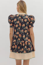 Load image into Gallery viewer, Floral garden- Floral print short puff sleeve striped hem dress
