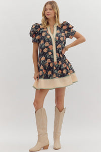 Floral garden- Floral print short puff sleeve striped hem dress