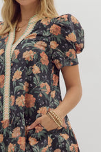 Load image into Gallery viewer, Floral garden- Floral print short puff sleeve striped hem dress
