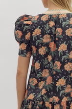 Load image into Gallery viewer, Floral garden- Floral print short puff sleeve striped hem dress
