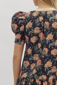Floral garden- Floral print short puff sleeve striped hem dress