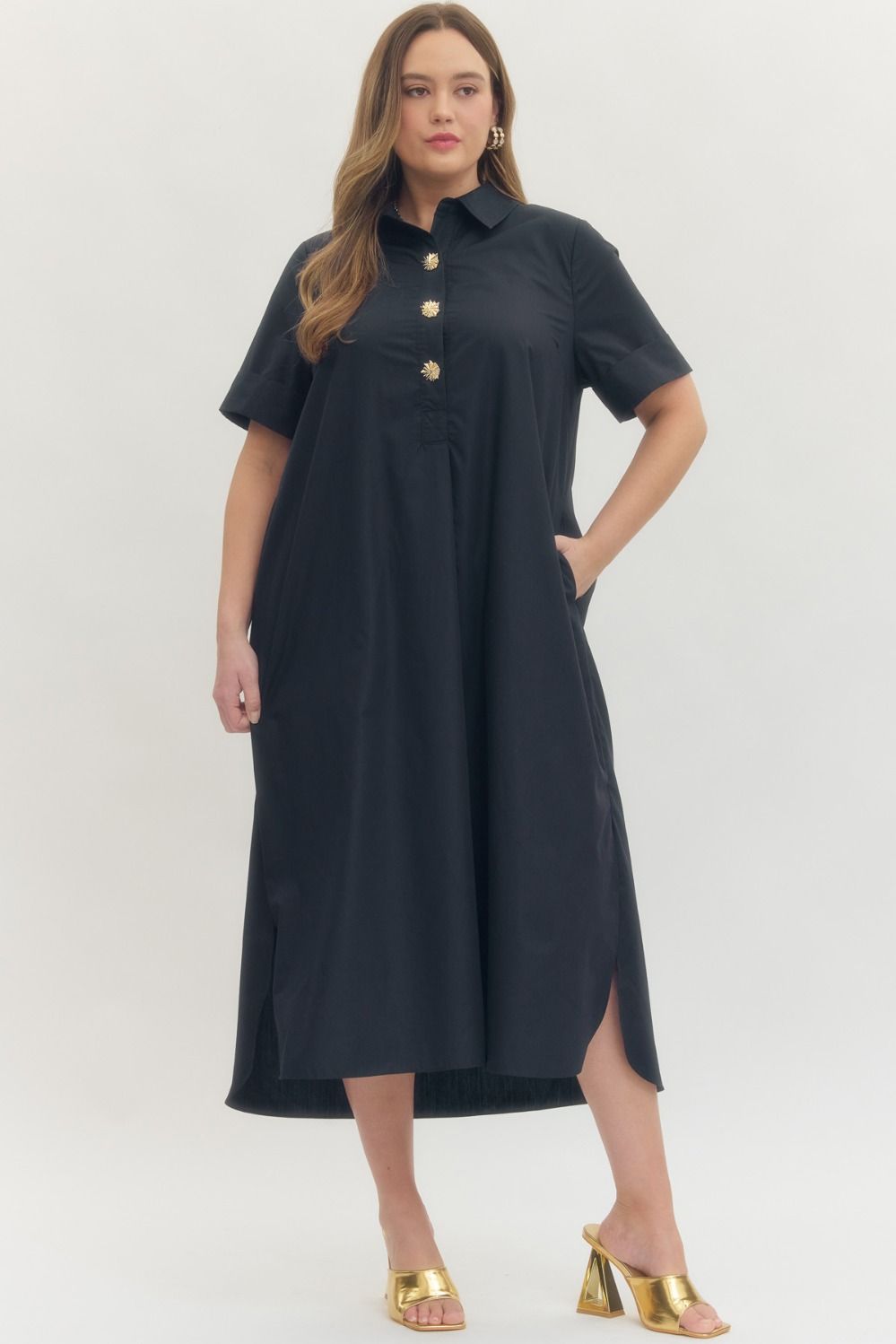 ENTRO- Plus Navy Midi length gold button detailed dress