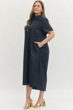 Load image into Gallery viewer, ENTRO- Plus Navy Midi length gold button detailed dress
