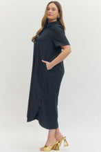 Load image into Gallery viewer, ENTRO- Plus Navy Midi length gold button detailed dress
