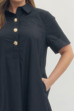 Load image into Gallery viewer, ENTRO- Plus Navy Midi length gold button detailed dress
