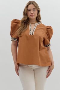 PLUS NALA - Camel animal print pipping detail top
